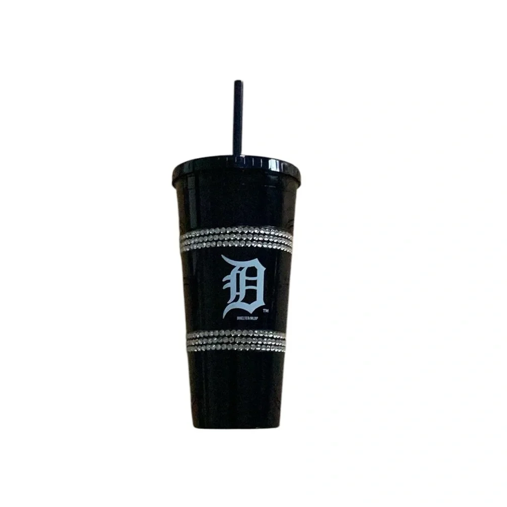 MLB Detroit Tigers Logo Navy Black Rhinestone Bling Drink Tumbler With Straw NWT